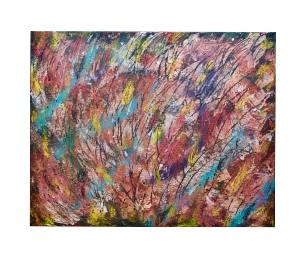 “Crazed Vortex”  
By Pascale Lanfranchi                                      Acrylic Paint & Spray Paint                                                   (16”x20”) (40,5 x 51cm)