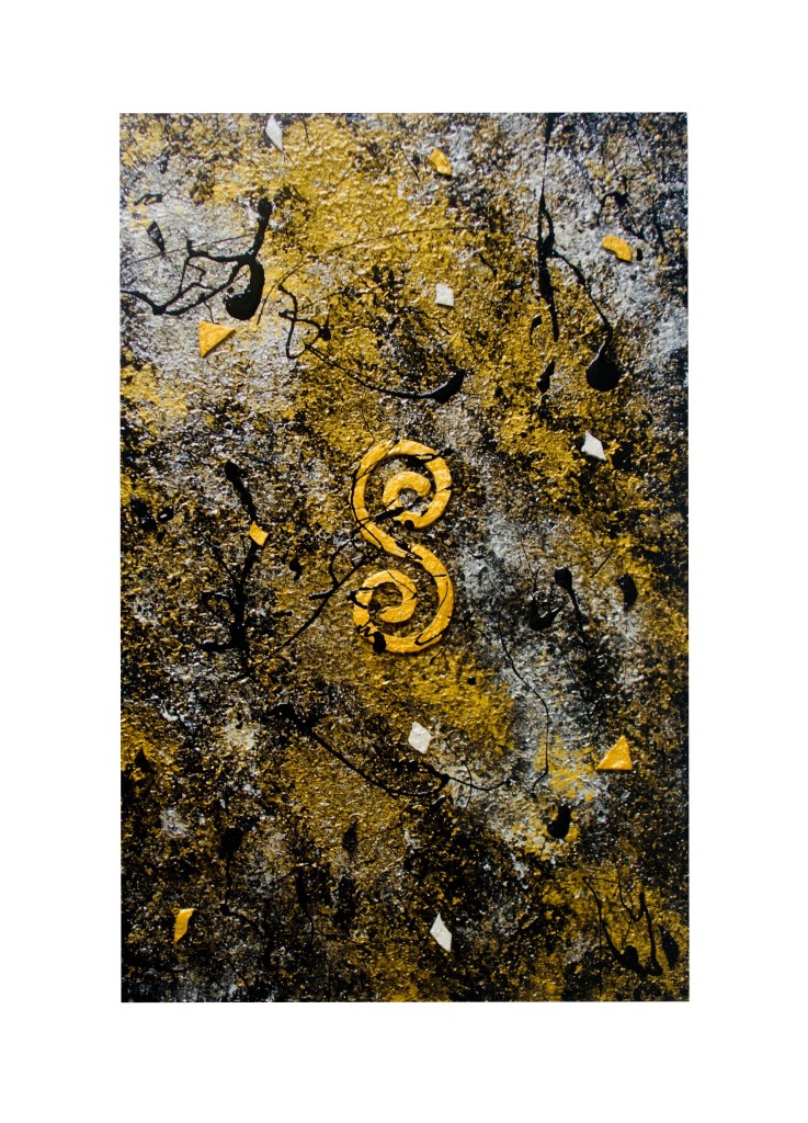 “Silenzio Dorato”                                                        By Pascale Lanfranchi                                          Mixed Media Panel Painting                                    (11.5”x18”) (29 x 45,5cm)